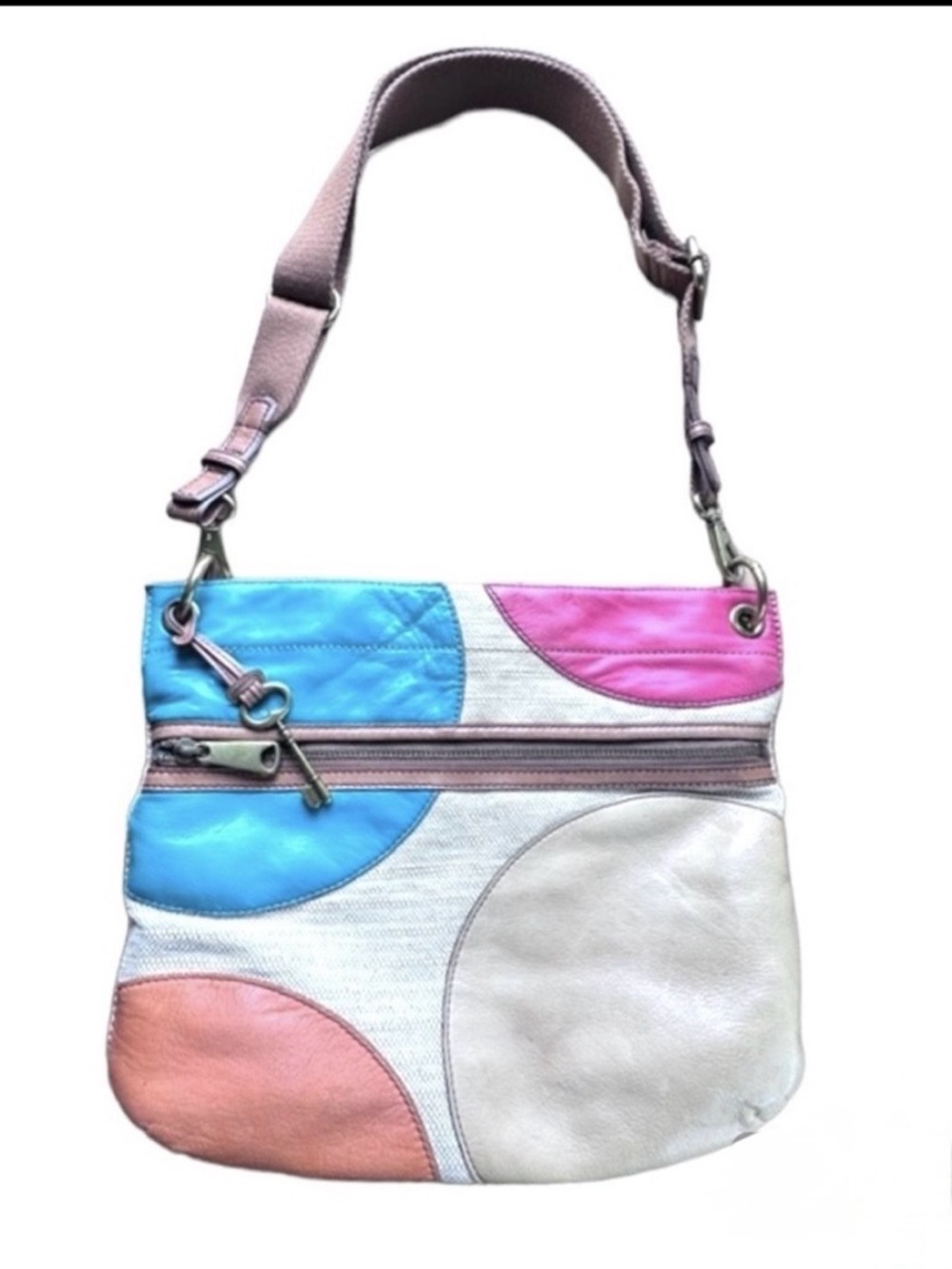 Vintage Fossil shoulder bag leather & fabric w/blue fabric inside Womens purse